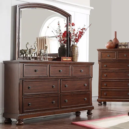 Transitional Cherry 7 Drawer Dresser & Mirror